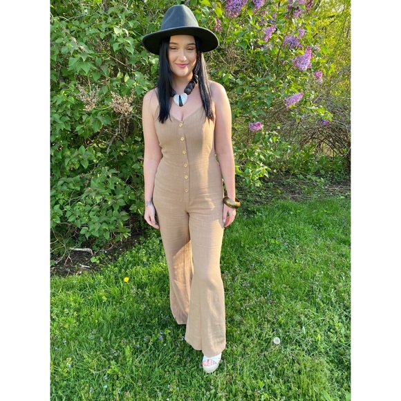 POGUE Jumpsuit tie-back flare linen natural coffee - Picture 6 of 11